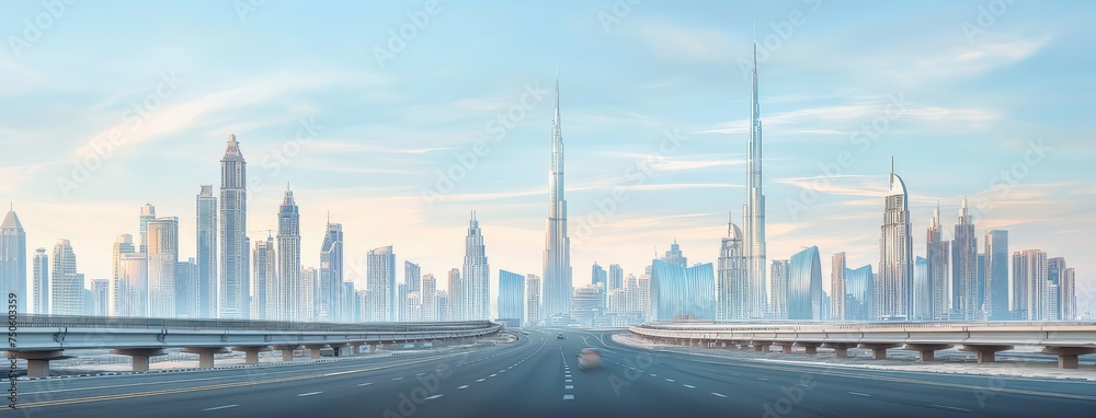 Fototapeta premium skyline against the backdrop of its busiest highway, showcasing the dynamic cityscape amidst bustling traffic.