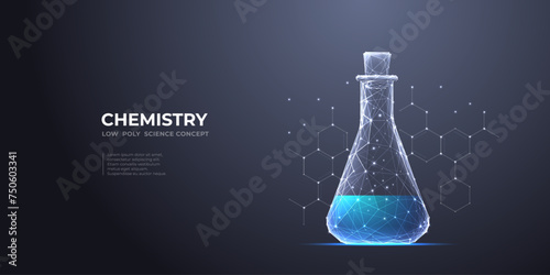 Chemistry glass lab flask with chemical blue liquid. Science beaker on chemical formula on dark background. Digital laboratory tube. Science and lab concept. 3D vector polygonal 3d illustration.