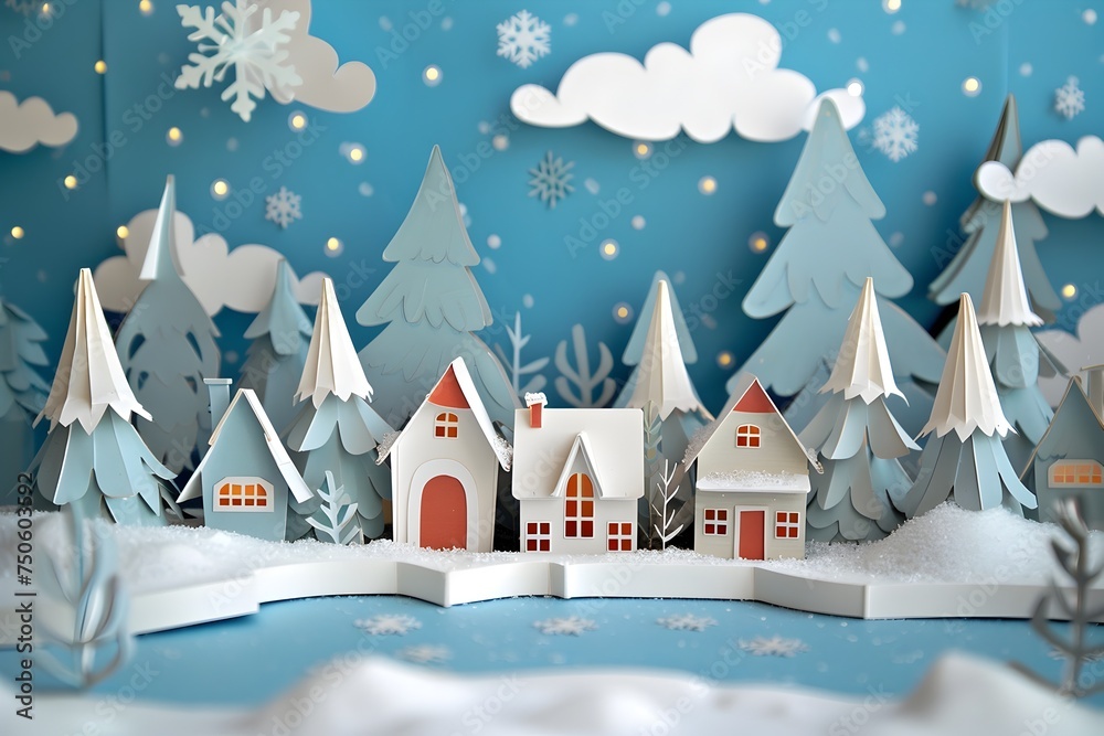 Winter Scene Paper Model with Falling Snowflakes