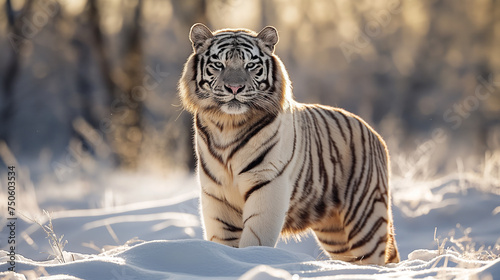 A white tiger with blue eyes standing in the snow.
