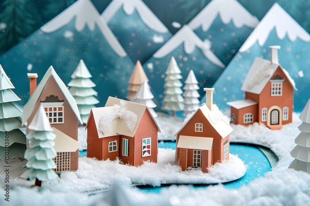 Paper Cut Christmas Village with Snowy Mountains and Handmade Ornaments