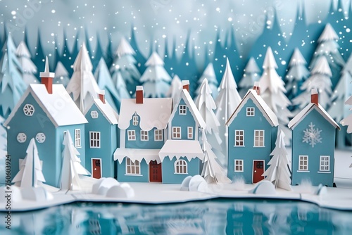 Winter Papercraft Village with Christmas Paper Houses © Wanwisa