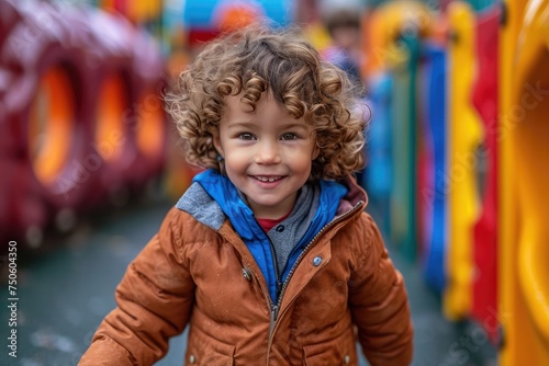A young boy with curly hair is smiling and wearing a brown jacket