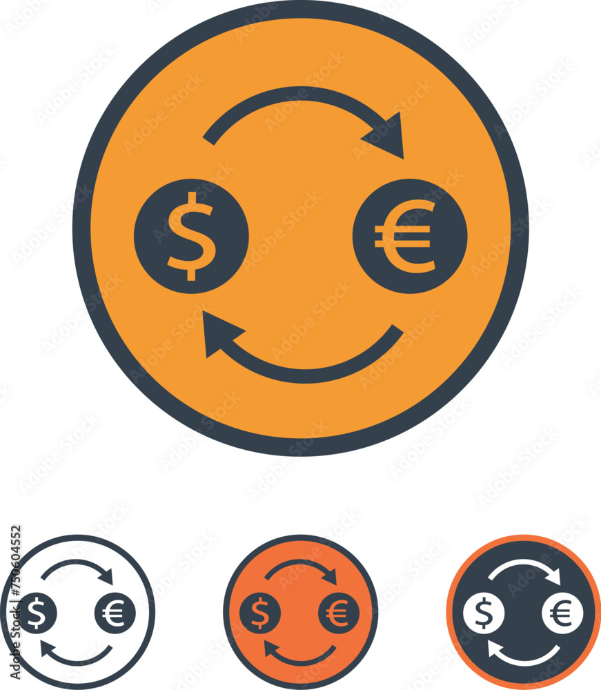 Currency exchange icons featuring dollar and euro symbols with arrows indicating conversion or exchange.