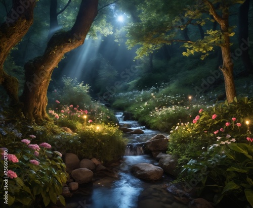 a stream running through a lush green forest filled with flowers and trees at night