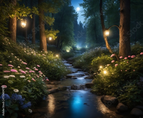 a stream running through a lush green forest filled with flowers and trees at night