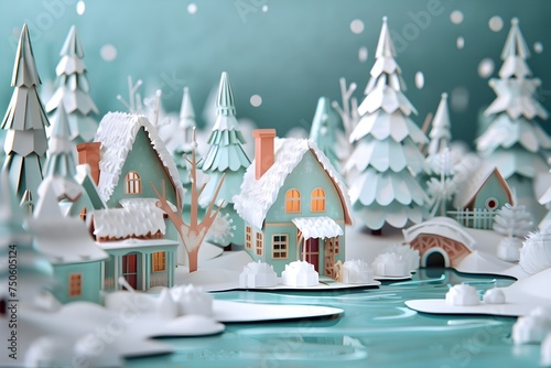 Winter Paper Village Scene in Aquamarine and White