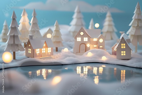 Paper Snow Village with Lights and Sparkling Water Reflections © Wanwisa