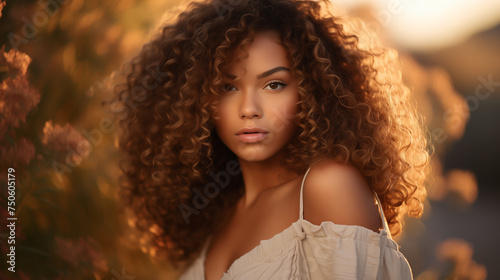 Portrait of a cheerful young african american woman outdoors. Beauty Fashion model. Black woman face and beautiful voluminous hair. Afro american girl. Beauty skin female face. Healthy hair. © AK528