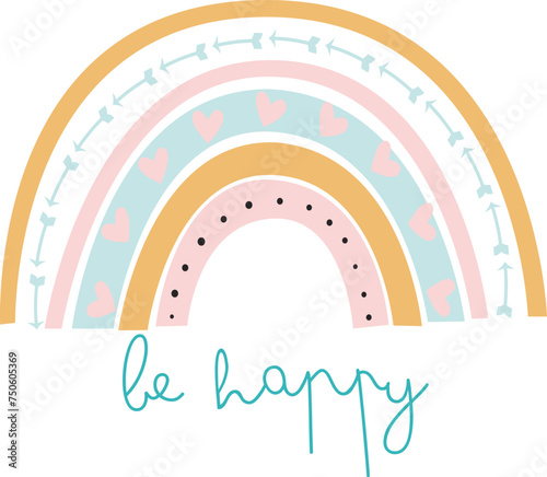 cute vector rainbow in scandi pastel shades, clouds with  hearts, raindrops, kawaii adorable for girl, delicate drawings boho in simple flat style