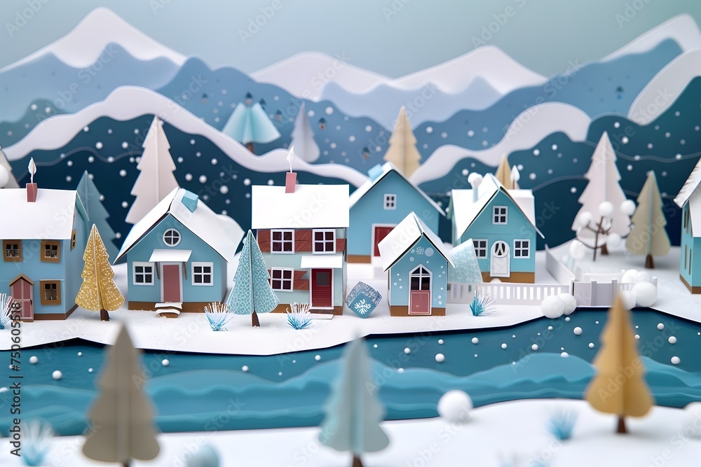 Winter Paper Art Cityscape with Houses and Trees Winter Paper Art Cityscape with Houses and Trees