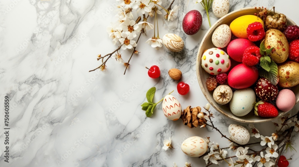 Easter background. Beautiful composition of colorful eggs and spring flowers on a delicate background. Spring holidays concept with copy space.