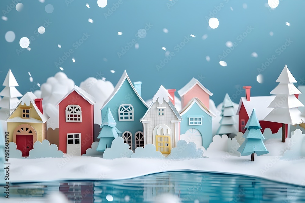 Whimsical Winter Village 3D Paper Art on a Snowy Hillside