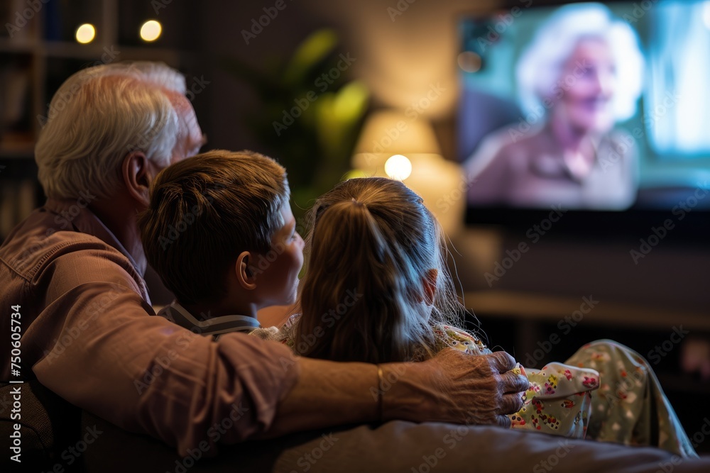 a grandfather sharing a favorite childhood movie with his grandchildren on a smart TV a grandfather sharing a favorite childhood movie with his grandchildren on a smart TV