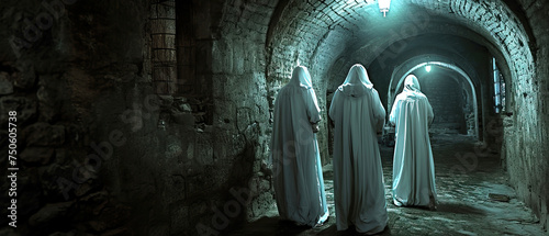 A line of nuns women in white robes walking through a dark tunnel © Kseniya