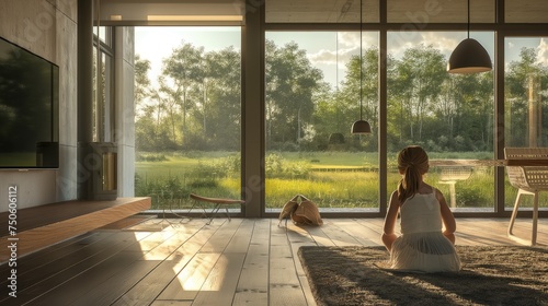 a country house, focusing on new modern plastic windows, while a little girl peers through, evoking innocence and curiosity.