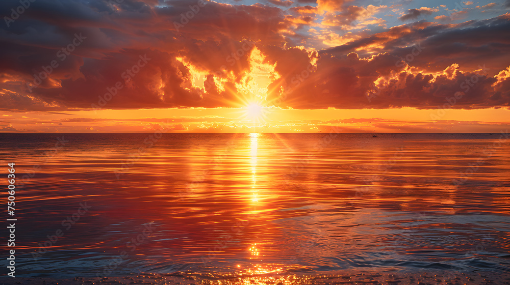 A photo featuring the sun peeking above the distant horizon, casting a golden glow across the calm waters of the sea. Highlighting the peaceful serenity of the early morning and the majestic beauty of