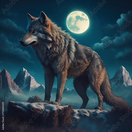 wolf standing on a cliff in the forest in background of full moon, mountains and clouds © Arda ALTAY