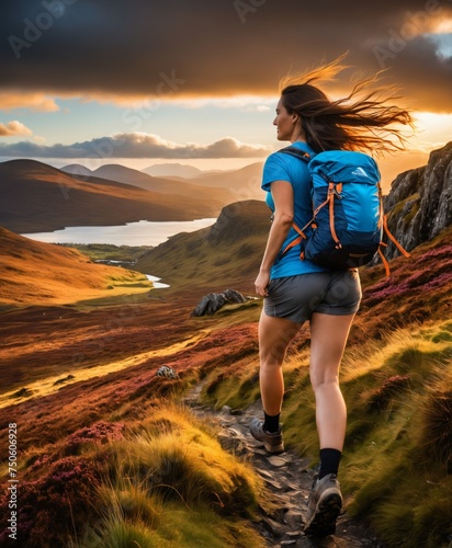 woman hiking in the highlands of Scotland during sunset  wearing a t-shirt and shorts and hiking shoes and a backpack