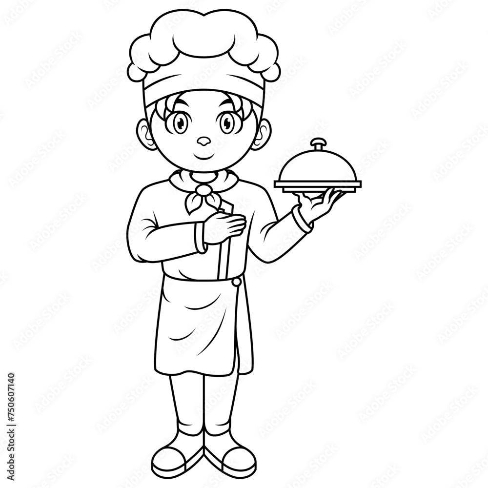 Cartoon little boy chef holding a silver tray Cartoon little boy chef holding a silver tray