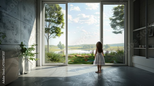 Free Download a country house, focusing on new modern plastic windows, while a little girl peers through, evoking innocence and curiosity. - GFXLoad