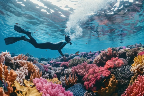 A person in a wet suit is swimming over a coral reef © Muh