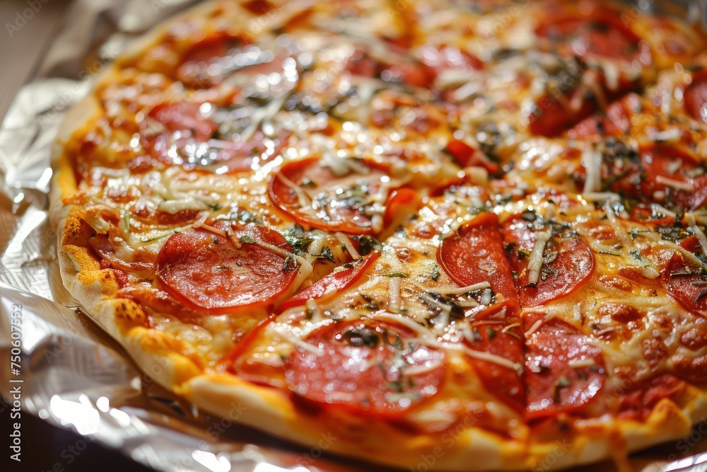 A pizza sitting on top of a piece of tin foil A pizza sitting on top of a piece of tin foil
