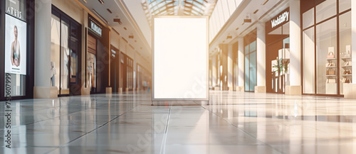 Bright Shopping Mall Interior with Blank Billboard