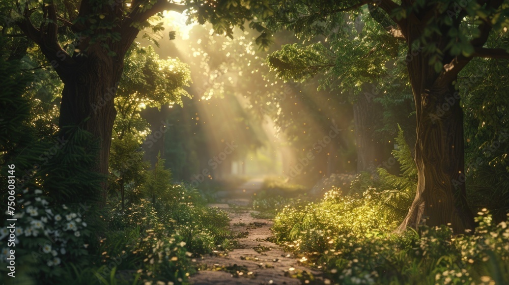 forest with paths between trees, sun shining forest with paths between trees, sun shining