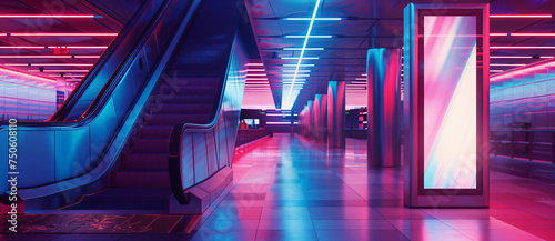 Neon-Lit Futuristic Subway Station with Escalators photo