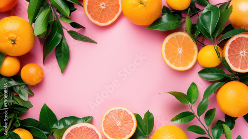 Frame of grapefruits, oranges, lemons and green leaves on pink background with space for text, top view