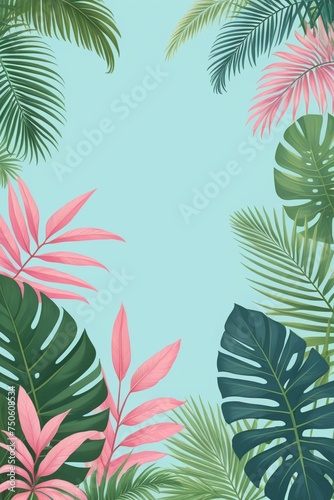 Tropical palm leaves and branches on a blue background  vertical composition