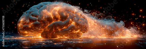 Concept art of a human brain exploding with knowledge