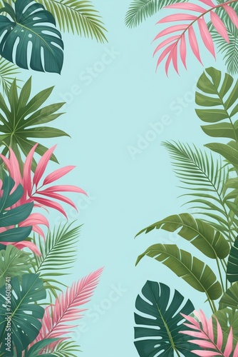 Tropical palm leaves and branches on a blue background, vertical composition