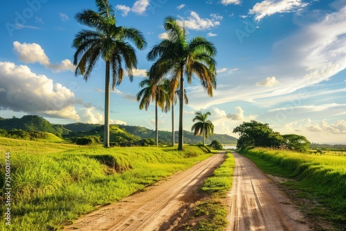 A dirt road lined with palm trees next to a lush green field