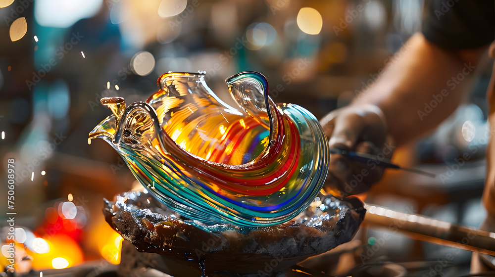 The expertise of a glassblower crafting a vibrant and intricate glass ...