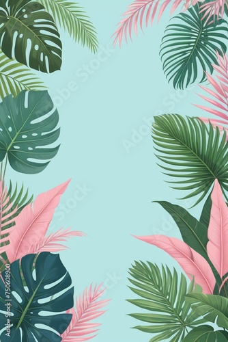 Tropical palm leaves and branches on a blue background  vertical composition