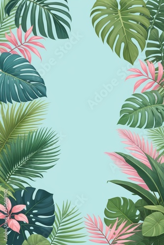 Tropical palm leaves and branches on a blue background  vertical composition