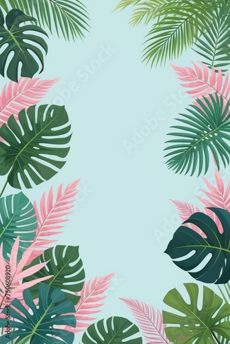 Tropical palm leaves and branches on a blue background  vertical composition