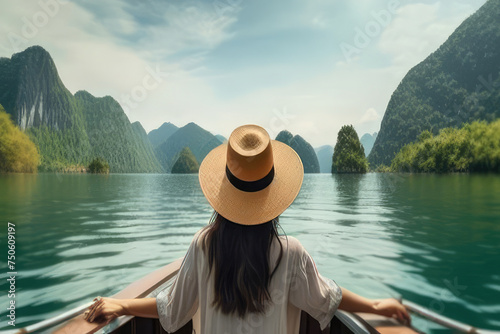 Back view of the young woman tourist in straw hat relaxing her arms open feeling freedom on the boat .Generative AI.