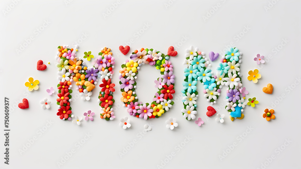 MOM Spelled with Colorful Candy and Flowers on a White Background MOM Spelled with Colorful Candy and Flowers on a White Background