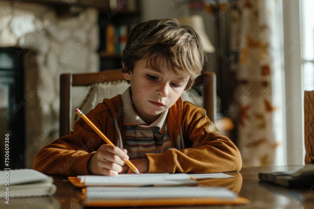 A young boy sitting at a table with a notebook and pencil A young boy sitting at a table with a notebook and pencil