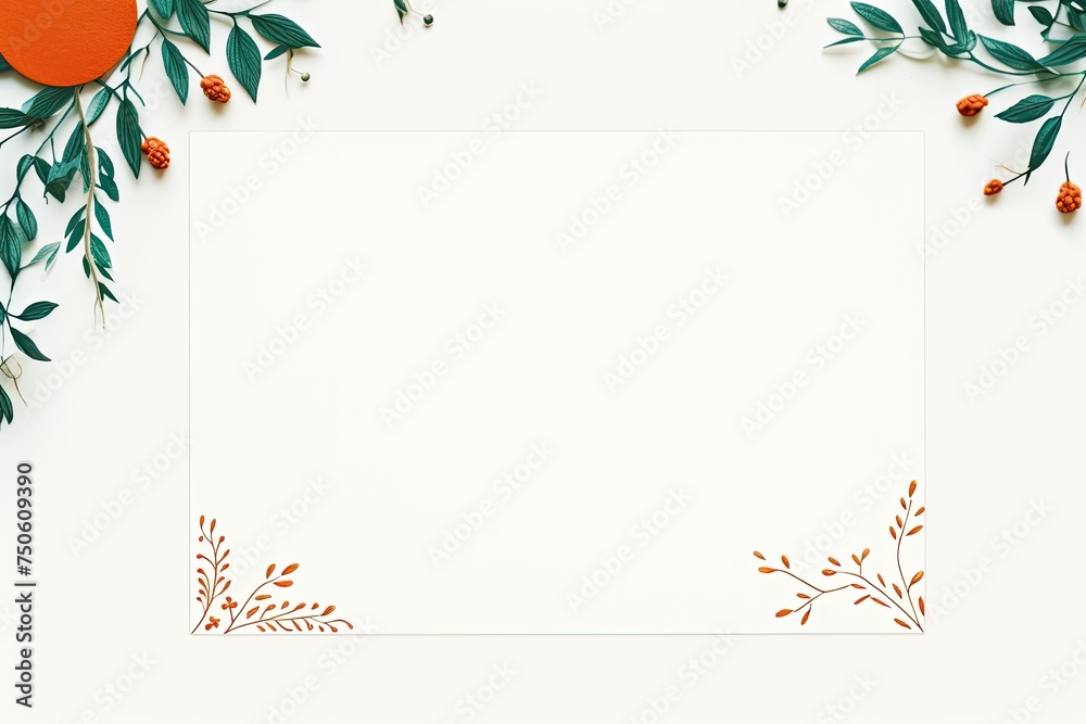 Fototapeta premium Fresh green leaves and orange slices surround a blank card against a bright white background