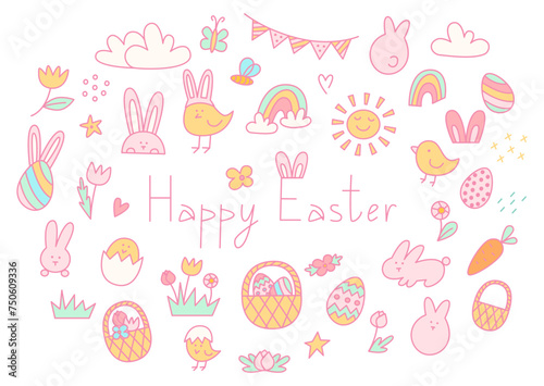 Colorful Easter set, bunny, chicken, egg hunt, bunny ears, easter eggs, sun, basket, rainbows, flowers, cute line illustrations, decor elements