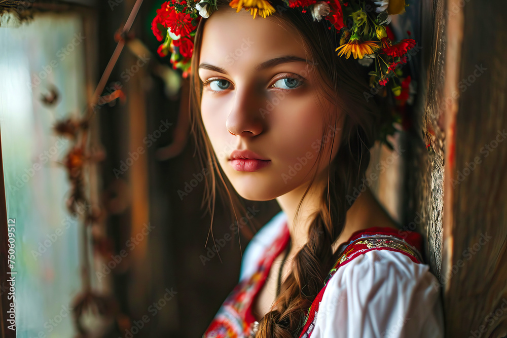 A young Slavic village girl in a black scarf stands near an old tree in the forest A young Slavic village girl in a black scarf stands near an old tree in the forest