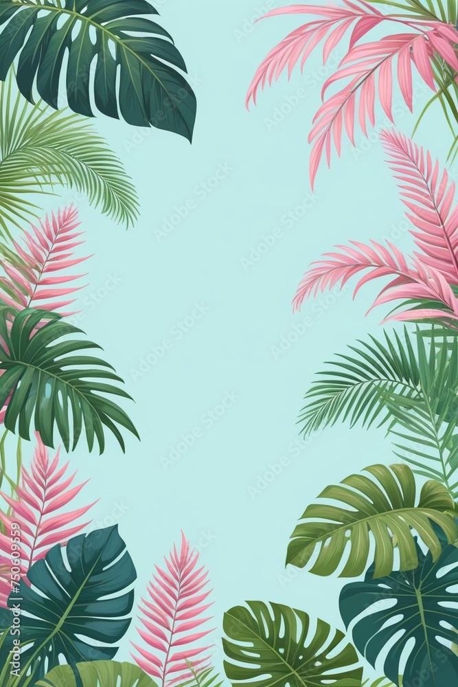Tropical palm leaves and branches on a blue background, vertical composition