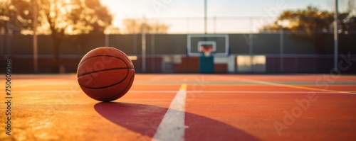 A basketball ball on an amazing empty basketball court.