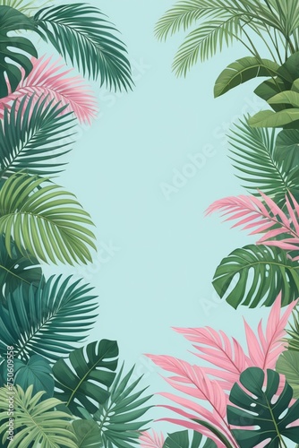 Tropical palm leaves and branches on a blue background, vertical composition