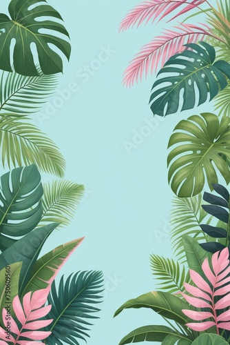 Tropical palm leaves and branches on a blue background, vertical composition