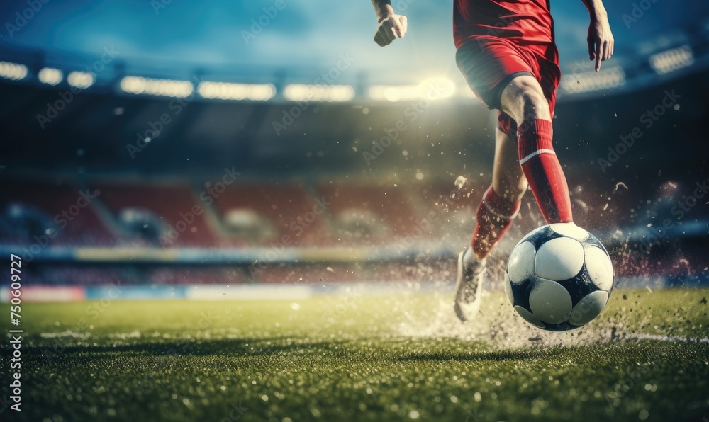 Foot of soccer player kicking football ball on amazing grass stadium. - obrazy, fototapety, plakaty 